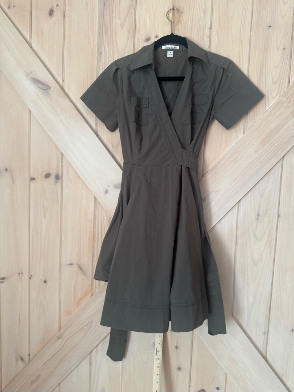 Kenneth Cole New York Wrap Shirt Dress Brown Cotton Blend Tie Waist 2